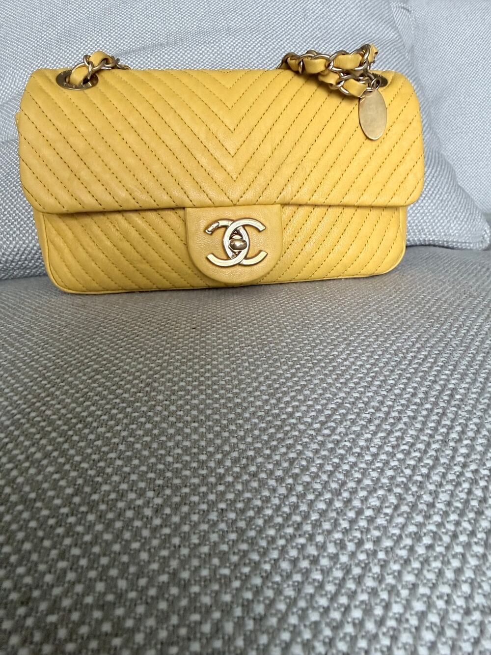 SALE $$$ CHANEL Small Single Flap Chevron Yellow Caviar Crossbody Bag GHW charm